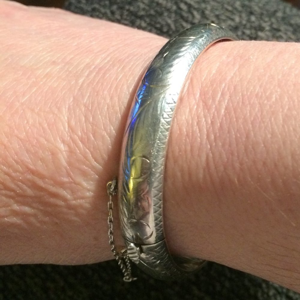 Sterling Silver Engraved Bangle Bracelet - Silver